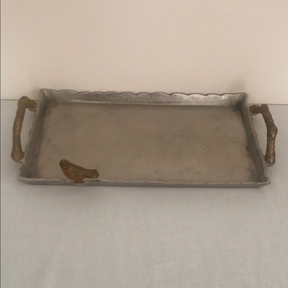 Silver Rectangular Tray with Gold Handles and Bird